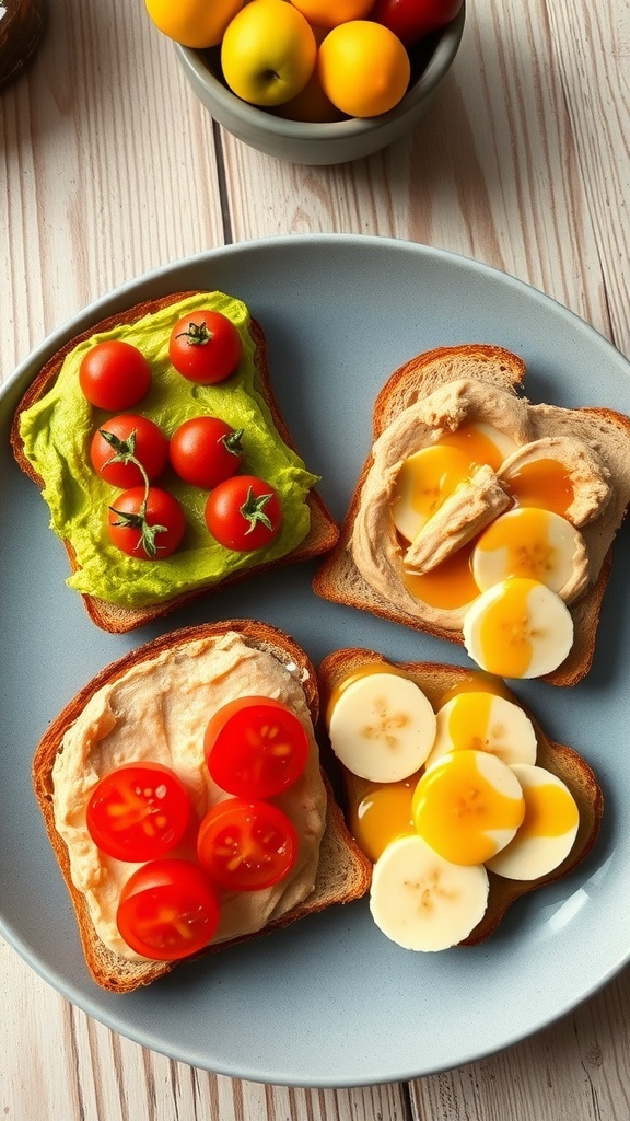 Creative Toast Designs A plate of creatively designed toast with avocado, nut butter, and fruits.